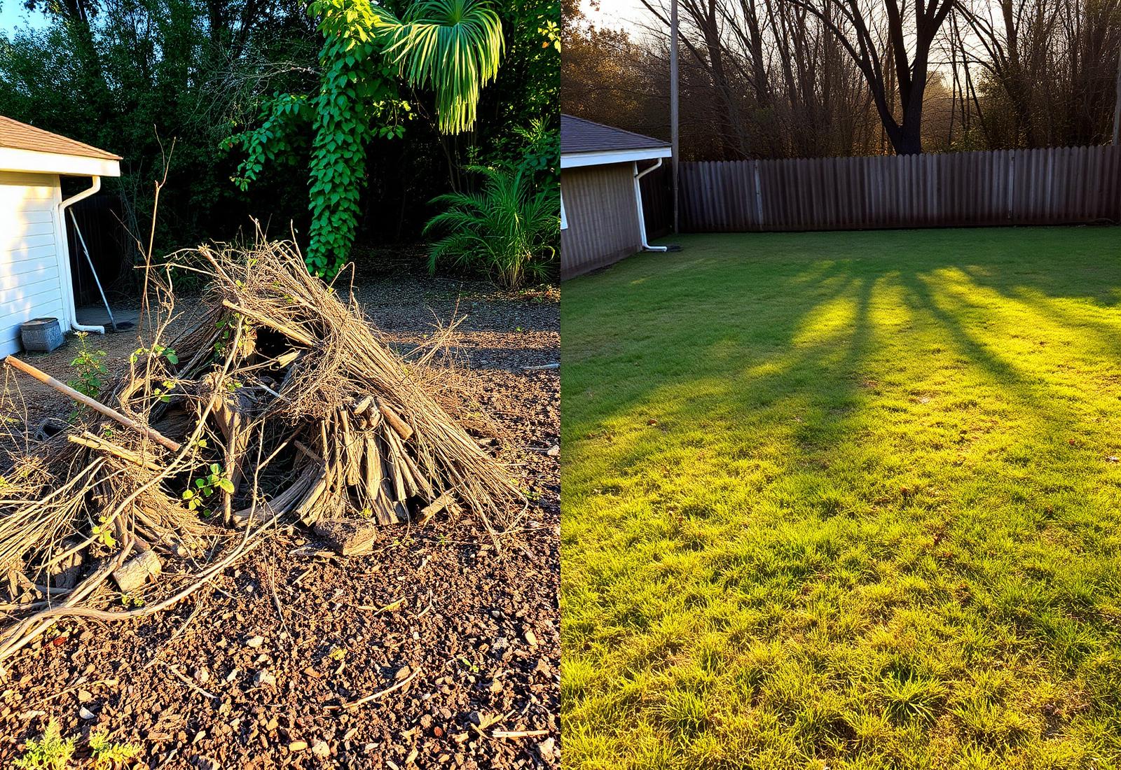 Half-cleared yard showing the difference after a property cleanup
