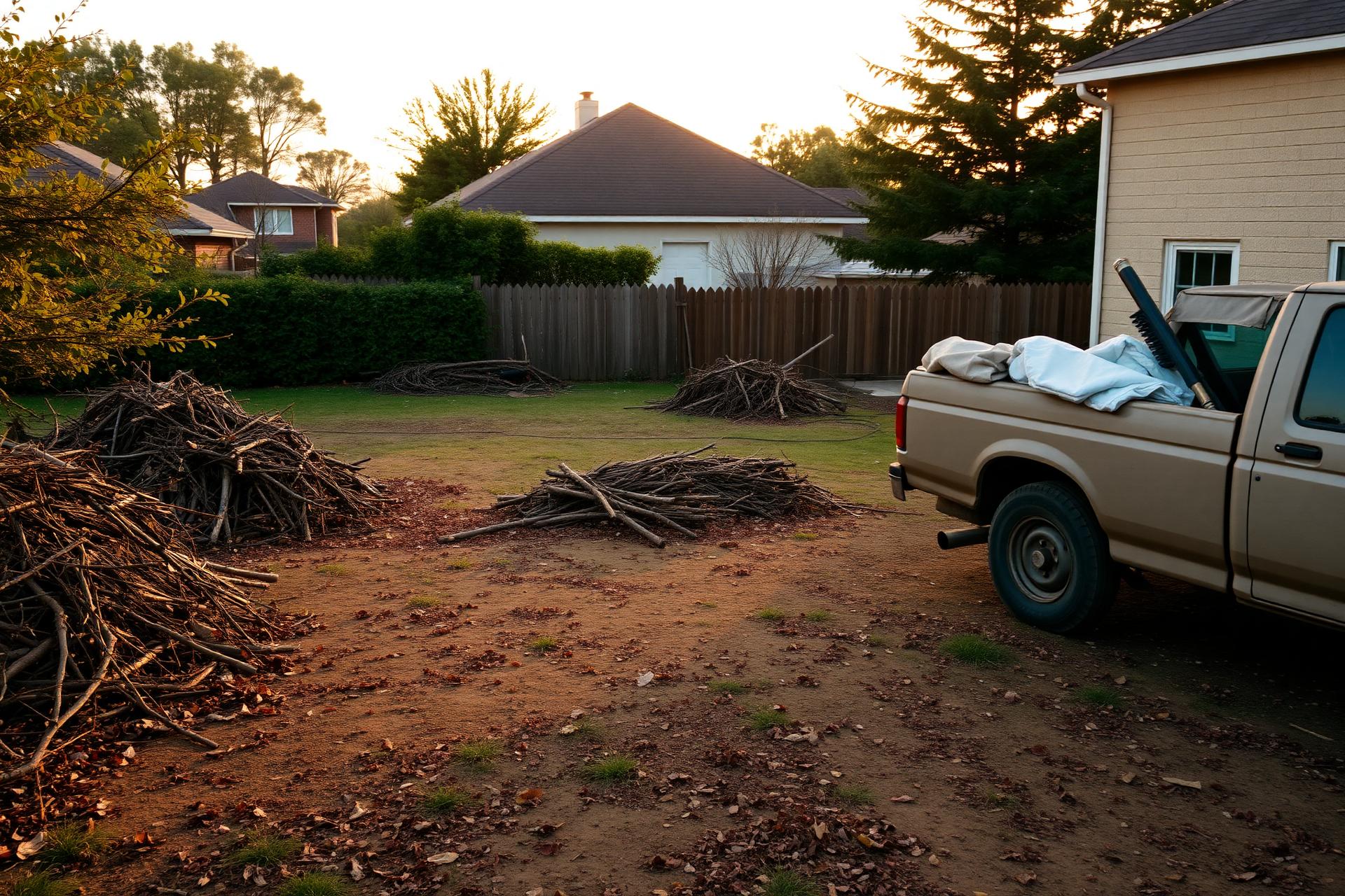 Cleared suburban yard with neatly piled brush at golden hour