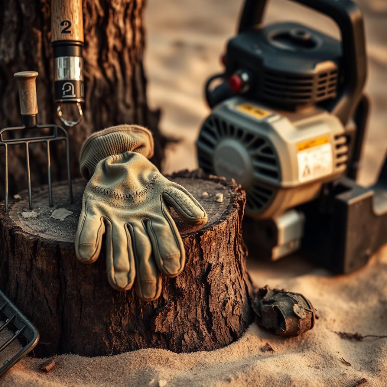 Work gloves resting on a tree stump next to a rake and leaf blower